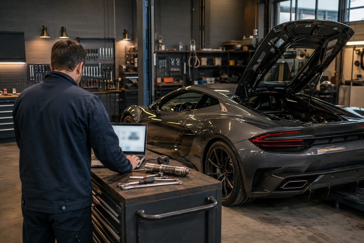 Illustrative scene of an independent technician consulting a laptop beside a fictional supercar
