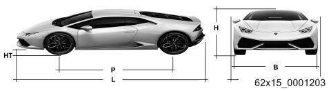 Huracán side and front views with dimension reference letters
